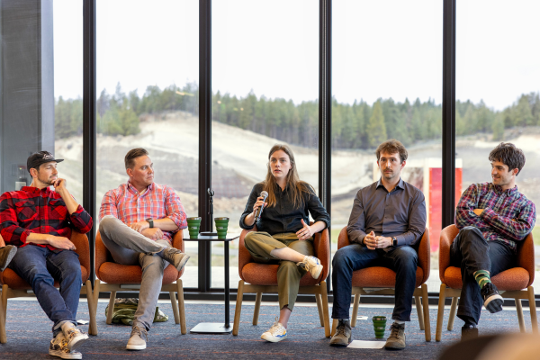 SnoPlanks founders with students at an outdoor industry summit in Bend, Oregon.